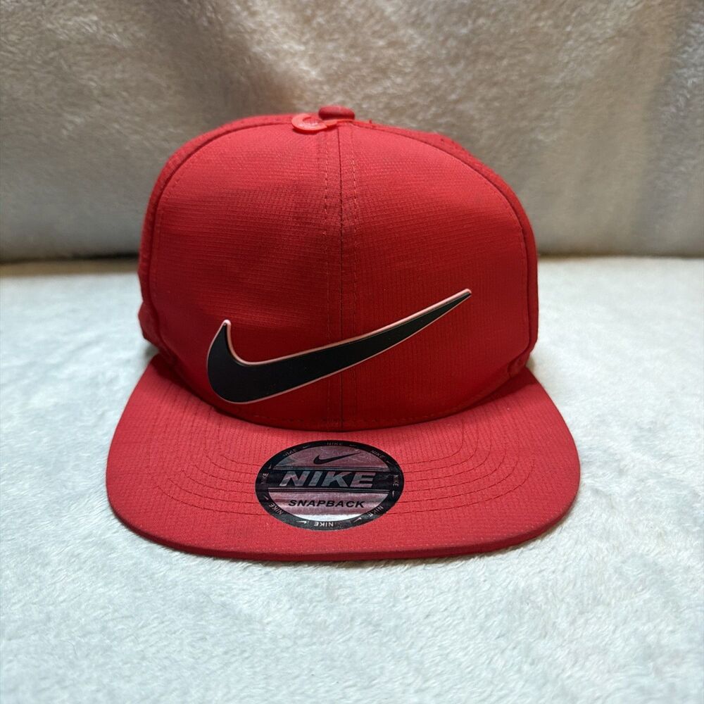 Nike Big Swoosh Snapback Hat Red Perforated Flat Bill Adjustable Cap NWOT